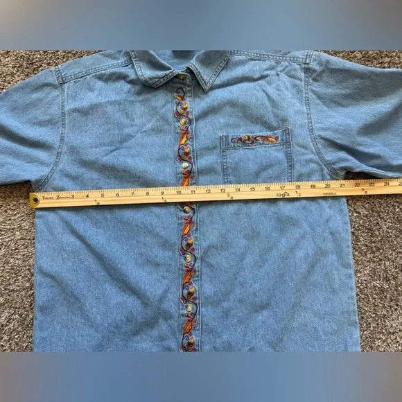 Style Studio Vintage Look Denim Chambray Fall Pumpkin Autumn Shirt Top - Picture 6 of 7